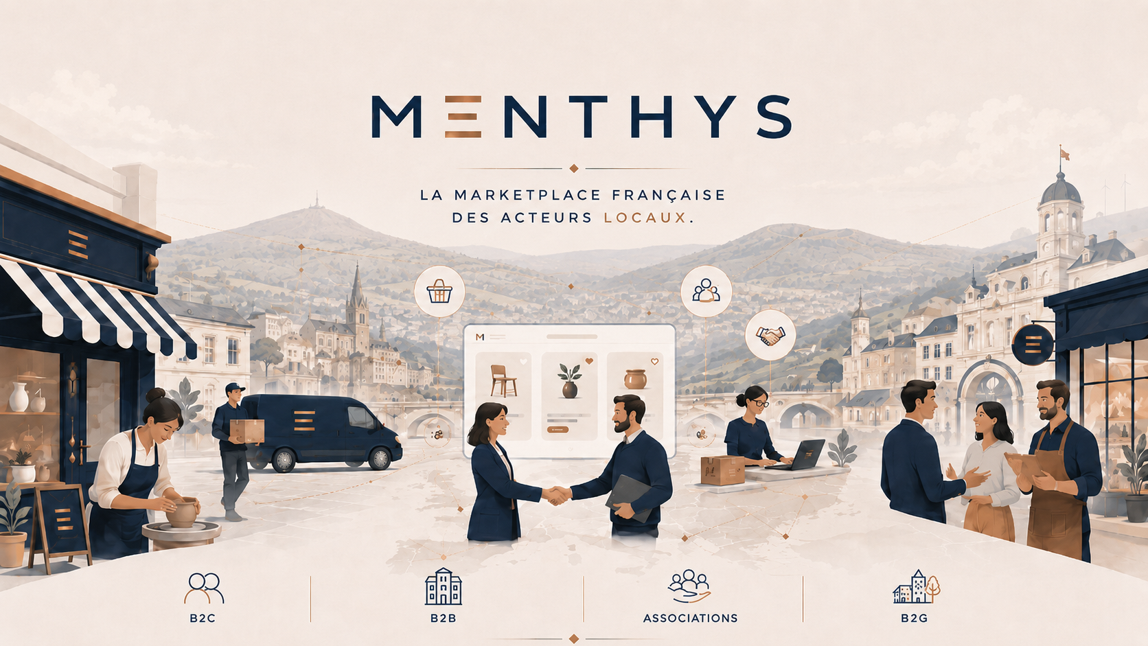 Illustration Menthys présentant une place de marché française reliant particuliers, entreprises, associations et acteurs publics locaux.